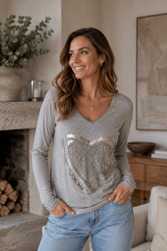 Heart Shimmer Basic Ribbed Sweater
